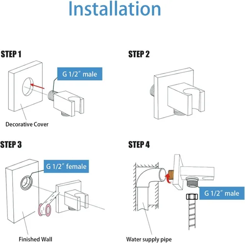 Miniatura 8 de Codo de suministro de pared con soporte de ducha de mano, conector de manguera de ducha cuadrado de latón G1/2, salida de agua de montaje en pared