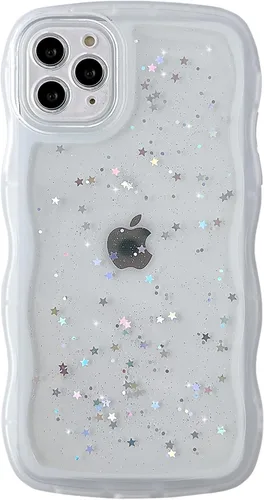 Miniatura 123 de Qokey Funda para iPhone 12 Pro Max de 6.7 pulgadas, diseño de onda rizada, borde transparente, brillante con purpurina, estrella brillante, bonita