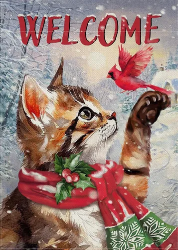 Miniatura 9 de Selmad Bandera decorativa de bienvenida con gato atigrado de invierno, diseño de pájaro rojo de Navidad, decoración exterior de arpillera grande