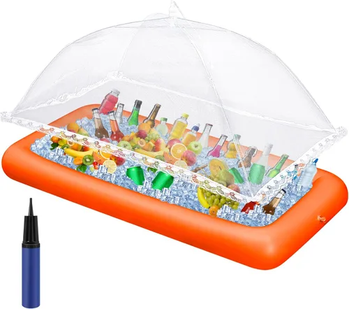 Miniatura 8 de Leitee Kit de barra inflable de 3 piezas, incluye bandeja de buffet de ensalada con tapón de drenaje, cubierta de malla, recipientes de bebidas