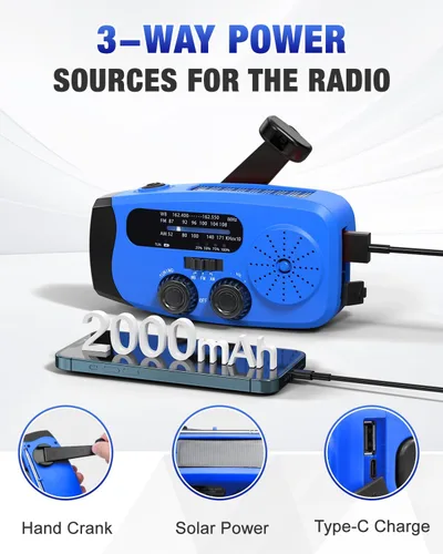 Miniatura 6 de Radio de emergencia con manivela Emgykit - Radio de emergencia solar con manivela manual AM/FM/NOAA de 2000mAh/7400mWh con 3 linternas LED, función