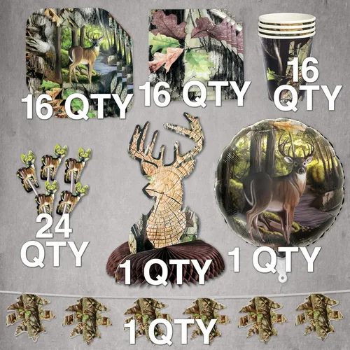 Miniatura 2 de Havercamp Paquete de fiesta de lujo Hunting Camo Buck para 16 invitados. El kit tiene 16 platos llanos cuadrados de 9 pulgadas, servilletas y tazas