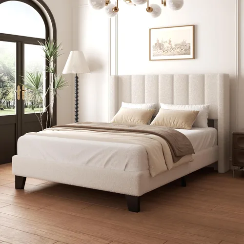 Miniatura 12 de Marco de Cama Queen con Cabecero Tapizado Marco de Cama de Plataforma con Cabecero de Terciopelo Teddy, Soporte de Listones de Madera/Diseño de Gris