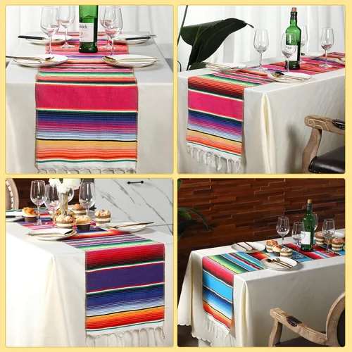 Miniatura 5 de Paquete de 10 caminos de mesa mexicanos de 14 x 84 pulgadas, 29 pancartas de papel picado, pancarta colgante de fiesta y banderín colorido para Rojo
