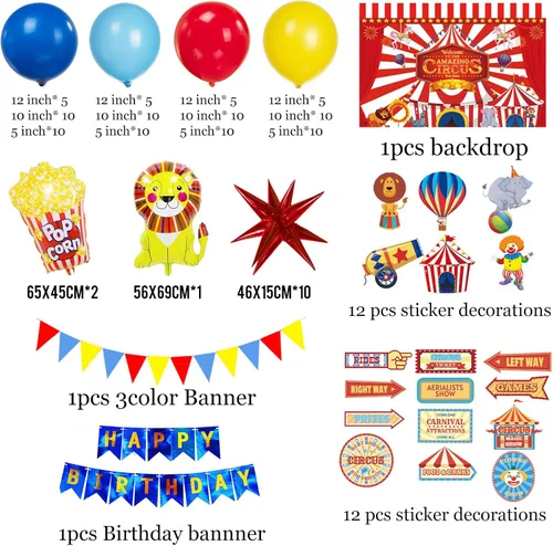 Miniatura 7 de Decoraciones de fiesta de cumpleaños con temática de circo e incluyen guirnalda de globos rojos, azules y amarillos y globos de papel de aluminio