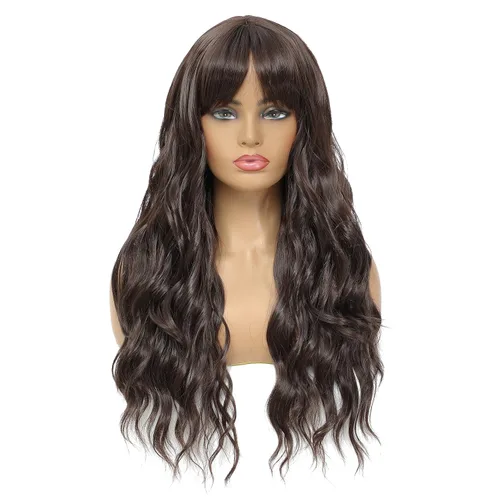 Miniatura 15 de SWACC Peluca larga y rizada ondulada con flequillo peluca de pelo sintético para mujeres con gorra de peluca (negro)