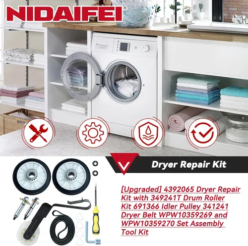 Miniatura 2 de [Actualizado] Kit de reparación de secadora 4392065 con kit de rodillo de tambor 349241T 691366 polea tensora 341241 correa de secadora WPW10359269