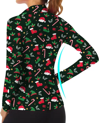 Miniatura 194 de WOWENY Camiseta deportiva de manga larga para mujer, con cremallera de un cuarto, cuello para entrenamiento, camiseta de tenis con estampado