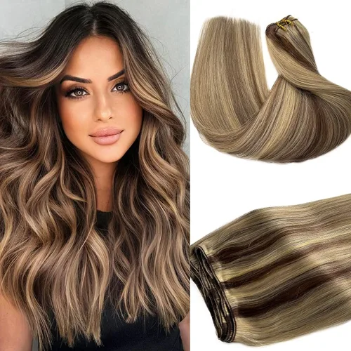 Miniatura 18 de Extensiones de cabello humano real con trama cosida, atadas a mano, color rubio ceniza a rubio con reflejos, extensiones cosidas con trama
