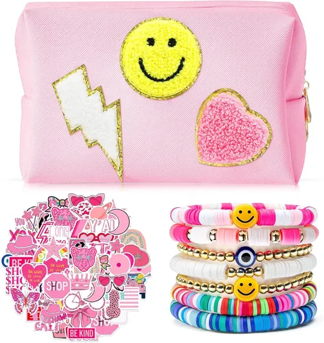 Miniatura 11 de Set de bolsa de maquillaje a cuadros Preppy con 7 pulseras Heishi y 50 pegatinas rosas, linda bolsa de viaje para cosméticos, regalos perfectos