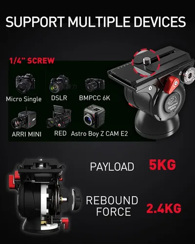 Miniatura 6 de IFOOTAGE Cabezal de cámara de video Komodo K5S, cabezales de fluido de aluminio, cabeza de trípode estable para giro e inclinación, con placa