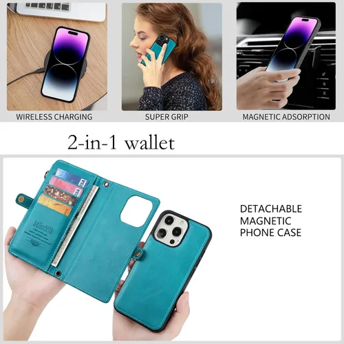 Miniatura 4 de Funda tipo cartera para iPhone 13 con tarjetero (12 ranuras para tarjetas), funda de piel sintética para mujeres y hombres, carga inalámbrica