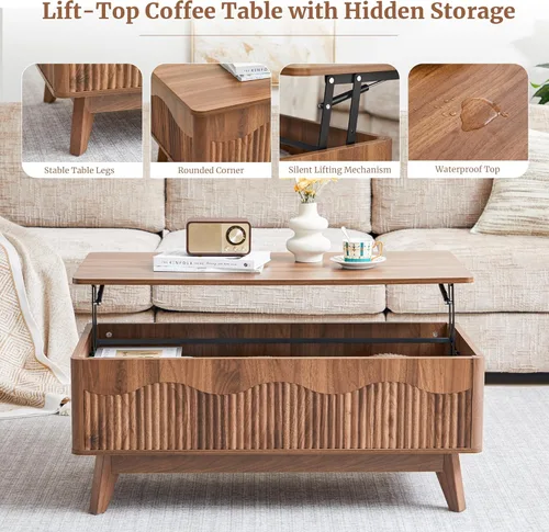 Miniatura 5 de BERRYMERRY Mesa de centro elevable con almacenamiento oculto, mesa de centro acanalada de granja con perfil ondulado, mesa central rectangular