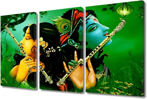 Miniatura 46 de Pintura india hindú Dios Señor Krishna imágenes sobre lienzo, arte de pared de 3 piezas, arte de pared moderno, decoración del hogar para sala