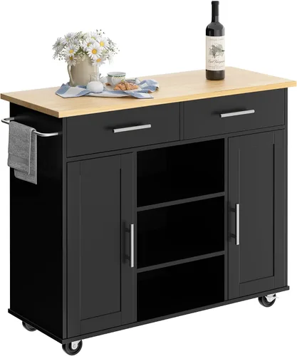 Miniatura 25 de Shintenchi Carrito de isla de cocina con almacenamiento, armario de bar portátil sobre ruedas, mesa auxiliar de carrito de microondas con estación
