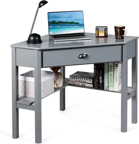 Miniatura 10 de RELAX4LIFE Escritorio esquinero para computadora triangular con cajón y estantes, mesa estable para computadora portátil, escritorio para oficina