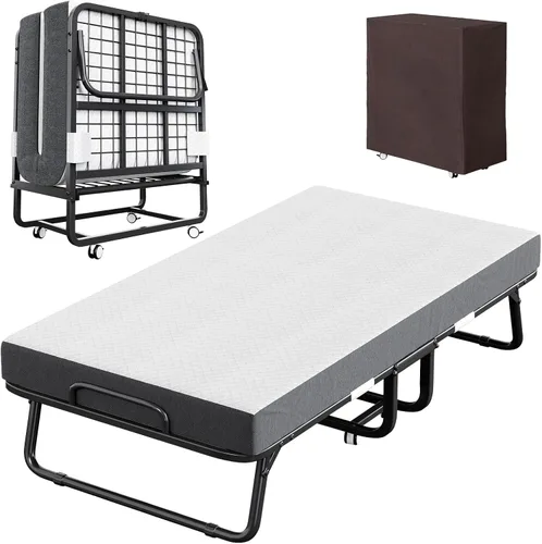 CAIYUN Cama Plegable con Colchón y Cubierta de Almacenamiento - Marco Tamaño Twin de 75"x38", Cama de Huéspedes Rodante Portátil con Colchón de