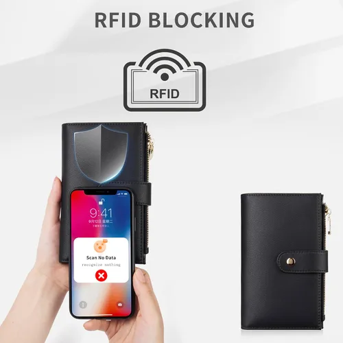 Miniatura 5 de Billetera con bloqueo RFID para mujer, delgada y delgada, de cuero plegable, funda de tarjetas de gran capacidad, cartera larga para mujer