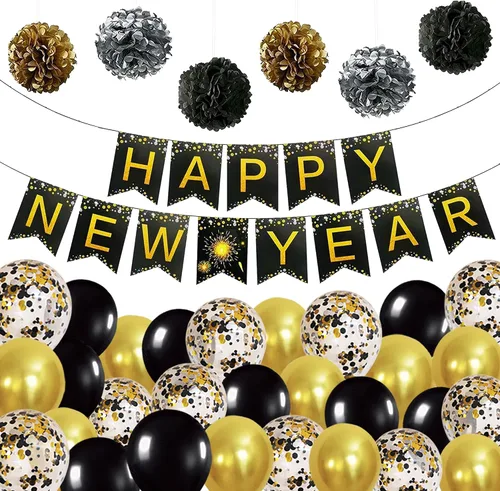 KatchOn, Suministros para fiestas de Año Nuevo 2026 – Paquete de 34 | Cartel de feliz año nuevo de 10 pies con pompones | Fondo negro y dorado para