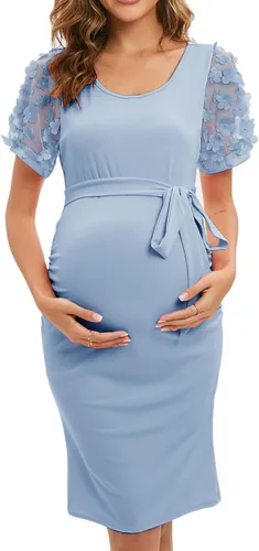 ZIUMUDY Vestido ajustado de maternidad de manga corta con diseño de obispo de malla floral para sesión de fotos de maternidad, vestido de baby shower