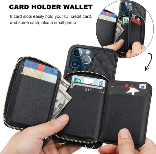 Miniatura 4 de Bocasal Funda tipo cartera con bandolera para iPhone 13 Pro Max, cartera de cuero PU con cierre de cremallera y bloqueo RFID, funda tipo folio