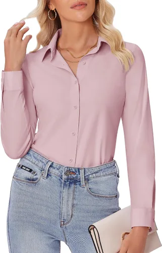 Miniatura 14 de siliteelon Camisas con botones para mujer, ajustadas, de manga larga, elásticas, de vestir, camisas de trabajo, sin arrugas, blusas de oficina