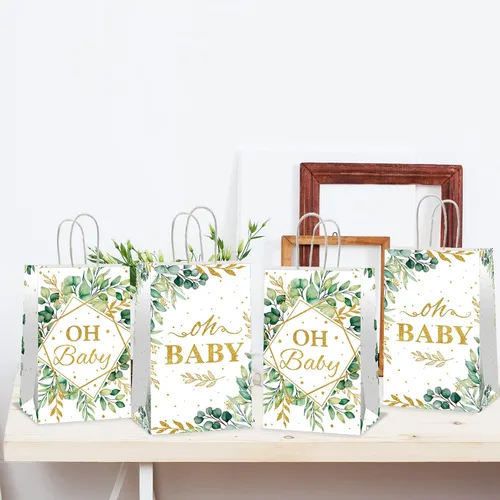 Miniatura 7 de 12 bolsas de regalo de fiesta Oh Baby de color verde salvia, bolsas de golosinas de hojas de eucalipto (4.7 x 3.1 x 7.9 pulgadas), bolsa de regalo