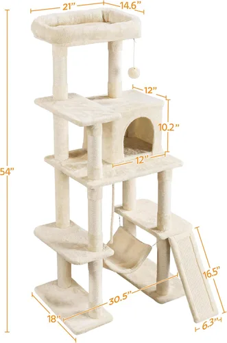Miniatura 7 de Yaheetech Árbol resistente de 54 pulgadas para gatos grandes, condominio de gatitos de varios niveles con postes rascadores, hamaca y percha