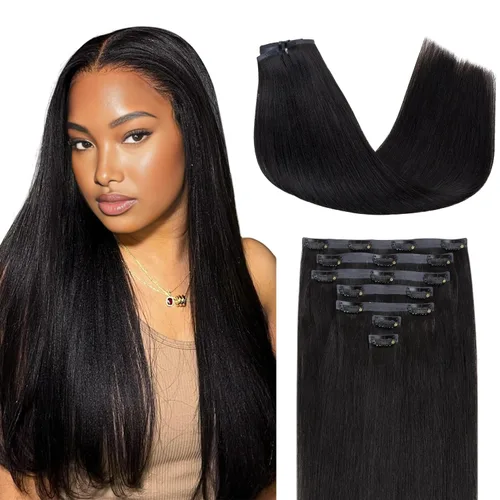 Miniatura 23 de Lashey - Extensiones de cabello con clip sin costuras, de cabello humano real, 7 unidades, 110 g, 14 pulgadas, color negro natural, lacio