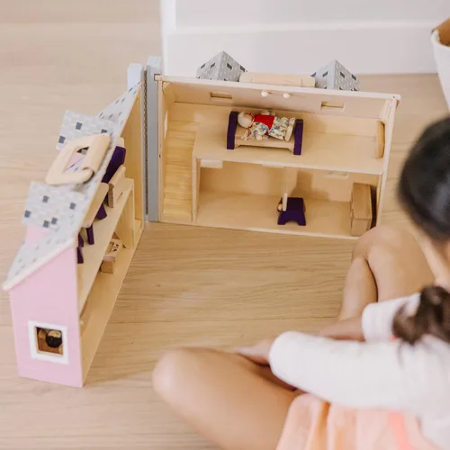 Miniatura 7 de Casa de muñecas de madera Fold and Go de Melissa & Doug con 2 muñecas y muebles de madera