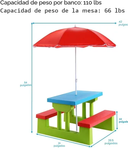 Miniatura 7 de Costzon Mesa de picnic para niños, mesa y banco para interiores y exteriores con paraguas extraíble, mesa de picnic portátil para niños pequeños