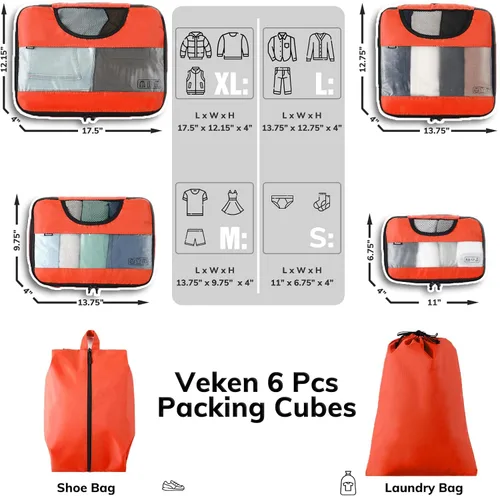 Miniatura 2 de Veken - Juego de 6 cubos de embalaje para maletas, bolsas organizadoras de viaje para equipaje de mano, juego de bolsas organizadoras de maleta