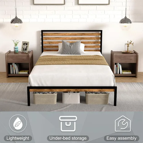 Miniatura 6 de Marco de cama individual combinado de madera y metal con cabecero, plataforma estable con soporte de listones de acero, cama doble, no necesita