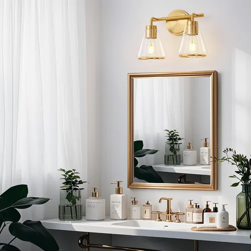 Miniatura 4 de Accesorios de iluminación de baño sobre espejo Luces de tocador doradas de 2 luces con pantalla de vidrio transparente de 14 pulgadas Luces