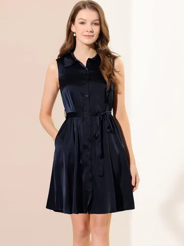 Miniatura 5 de Allegra K Vestidos de satén para mujer, cuello de punto, con cinturón, con botones, sin mangas, vestido camisero