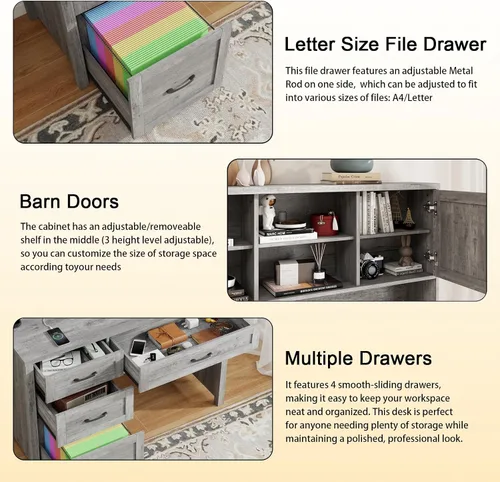 Miniatura 6 de Escritorio ejecutivo Farmhouse de 67" de altura con estante superior, escritorio de oficina con 4 cajones y luz LED, mesa de computadora con Gris