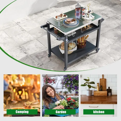 Miniatura 8 de Domi - Mesa de parrilla para exteriores de 3 estantes, carrito de parrilla con ruedas, horno de pizza al aire libre y mesa de preparación