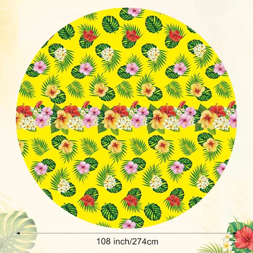 Miniatura 3 de Oudain Mantel hawaiano de 3 piezas de 84 pulgadas con hojas de palmera tropicales, flores redondas, de plástico, desechable, circular, impermeable