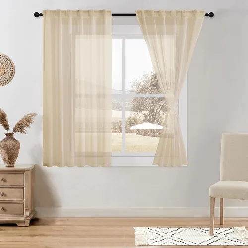 Miniatura 42 de DWCN Cortinas traslúcidas de lino floral, bolsillo para barra y pestaña trasera, cortina de mezcla de lino para dormitorio, sala de estar, cortinas
