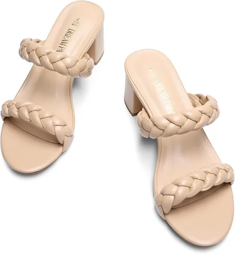 Miniatura 2 de DREAM PAIRS Zapatos de tacón bajo con dos correas trenzadas para mujer, puntera abierta, tacón grueso, sandalias de tacón grueso, para fiestas