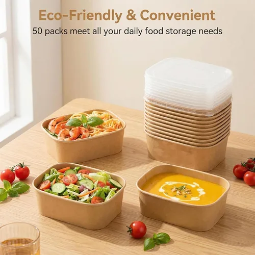 Miniatura 5 de Paquete de 50 recipientes desechables para preparación de comidas, cuencos de papel grandes desechables de 19 onzas con tapas y tenedores