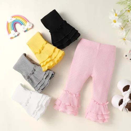 Miniatura 5 de Unikaka Pantalones elásticos acampanados para niña pequeña y bebé con pantalones de vellón con volantes y leggings, paquete de 5