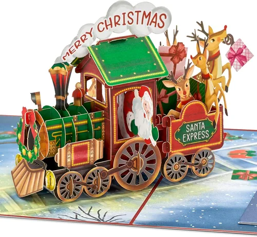 POPWOW Tarjetas desplegables de tren de Navidad, Papá Noel, reno, tarjeta de felicitación de Navidad 3D, hermoso regalo para niños, marido, esposa,