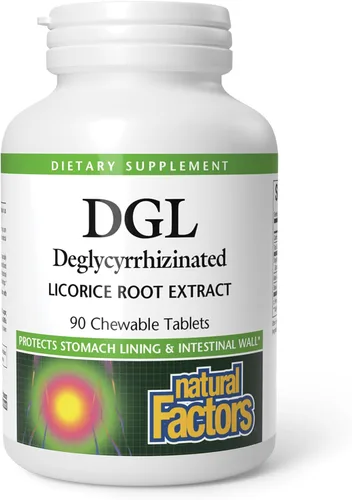 Natural Factors DGL Masticable - Suplemento de apoyo digestivo con extracto de raíz de regaliz - Tabletas masticables que apoyan el revestimiento