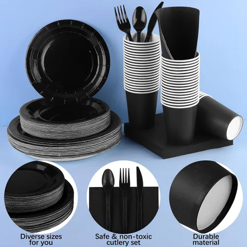 Miniatura 3 de Durony 350 piezas juego de vajilla de papel negro para cenas, platos desechables de 7 y 9 pulgadas, sirve para 50 invitados, juego de vajilla