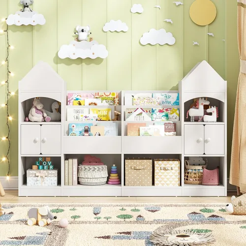 Miniatura 11 de Vabches Estantería para niños con forma de castillo, vitrina para niños, organizador de almacenamiento de juguetes multifuncional, estantería Blanco