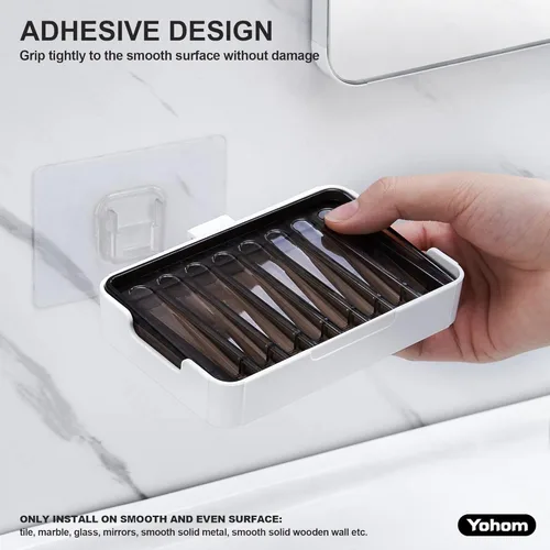 Miniatura 2 de YOHOM Jabonera adhesiva para colgar en la pared de la ducha con bandeja de drenaje, soporte de jabón para fregadero de baño, 2 unidades Negro