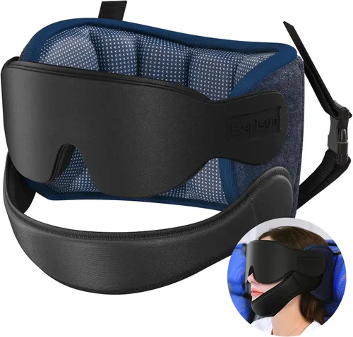 SARISUN Almohadas de viaje para aviones con máscara de ojos para dormir, correa de barbilla, almohada de avión para vuelos largos, viaje por Azul