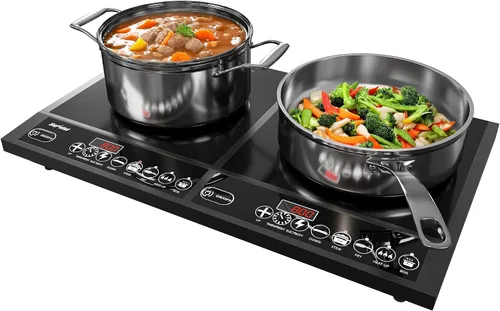 Sunvivi Cocina de inducción portátil: 2 quemadores en 1, estufa eléctrica de encimera de grado comercial con pantalla táctil LED, 8 niveles de