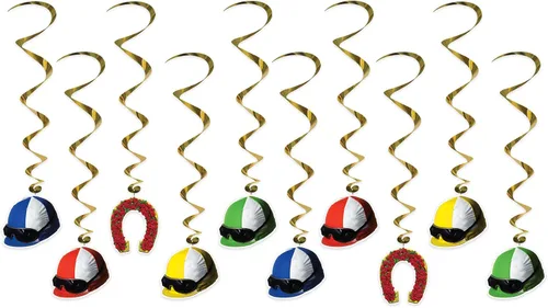 Beistle Casco Derby Day Jockey de 10 piezas, espirales colgantes para decoración de fiestas de carreras de caballos, 37 pulgadas, multicolor